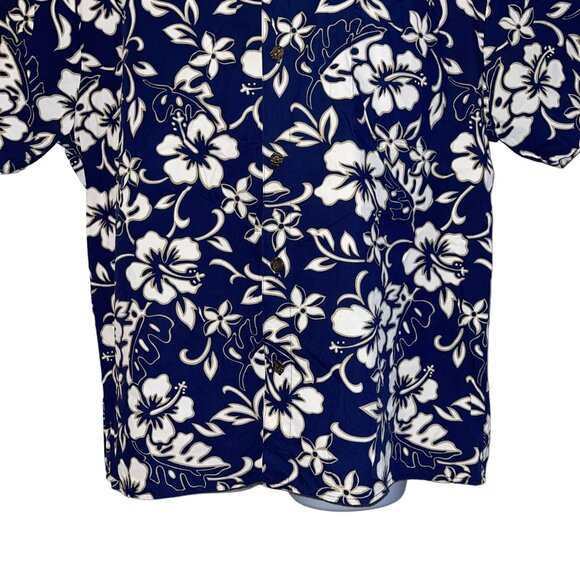 Retro Hilo Hattie Hawaiian Shirt Mens XL Floral Plumeria Leaf Aloha Beach Blue - Picture 3 of 10